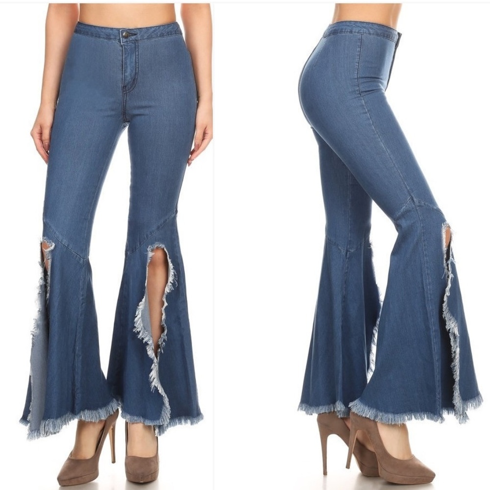 Vintage Flared Slit Bell Bottom Jeans Hippie Denim Pants - Picture 4 of 6